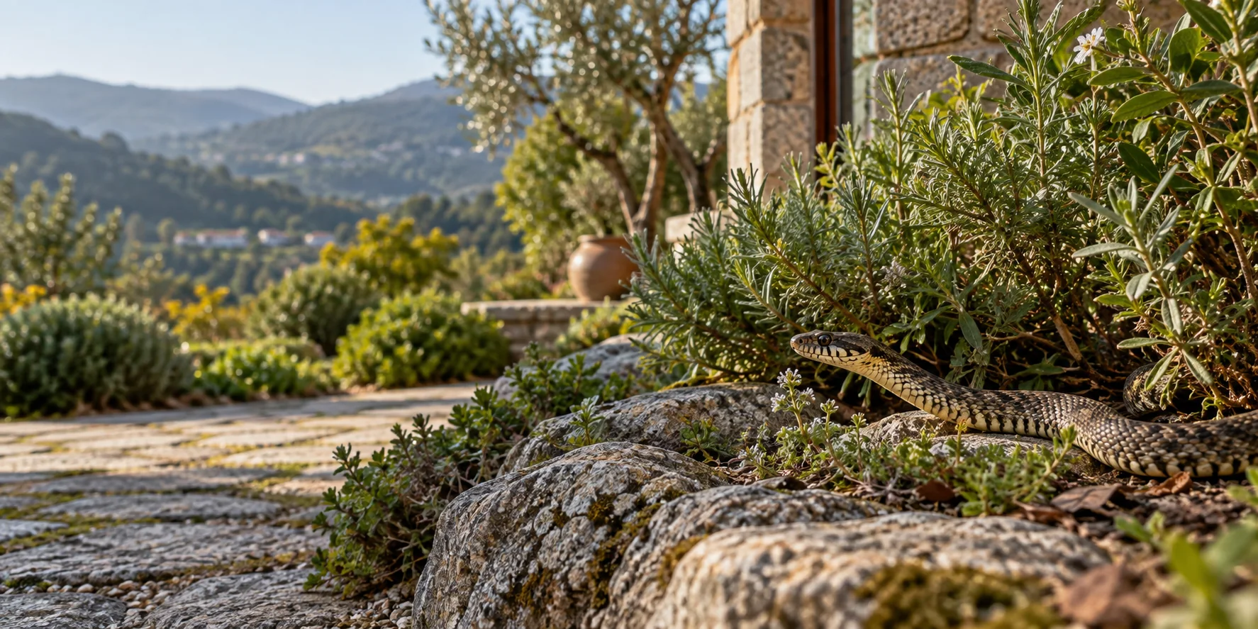 Ilustração de uma cobra num jardim do Norte de Portugal, entre vegetação e pedra